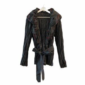 NEW Lindi Women Crinkle Jacket Black Floral Buttons Tie Front Long Sleeve Medium